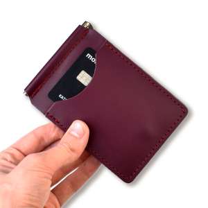 Burgundy leather money and card clip with coat of arms