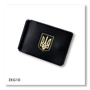 Black leather money and card clip with crest