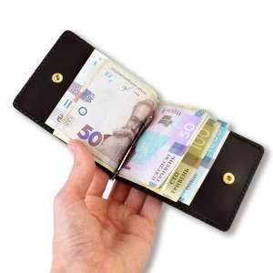 Dark brown basic leather money clip for banknotes and cards