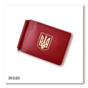 Red leather money and card clip with crest