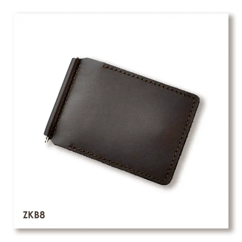 Dark brown basic leather money clip for banknotes and cards