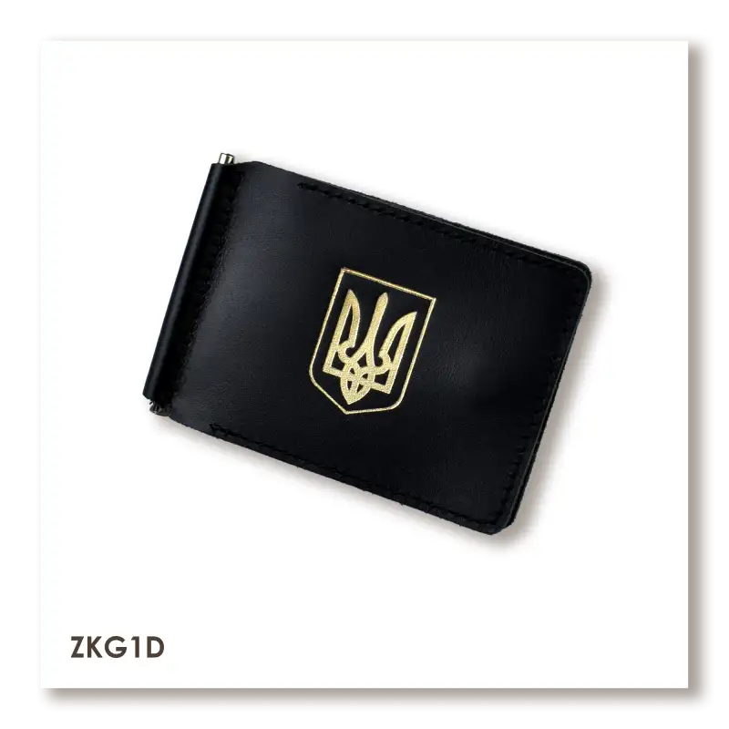 Black leather money and card clip with crest
