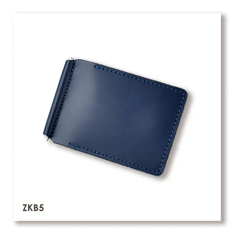 Blue Basic Leather Money Clip for Bills and Cards