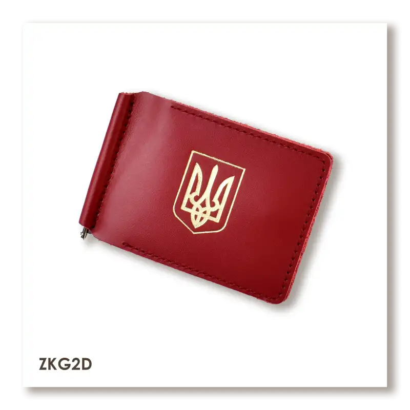 Red leather money and card clip with crest