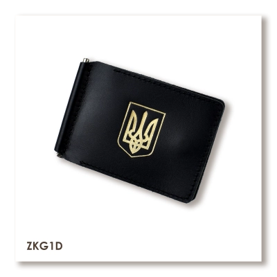 Black leather money and card clip with crest