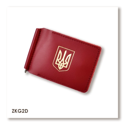 Red leather money and card clip with crest