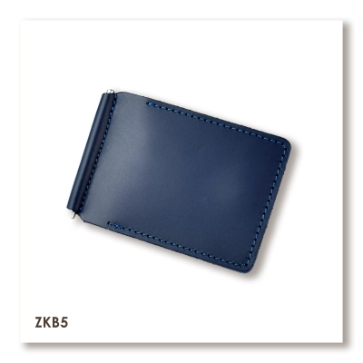 Blue Basic Leather Money Clip for Bills and Cards