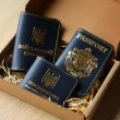 Набір обкладинок: військовий квиток, УБД та Passport (синій, золоте тиснення, жовта нитка)