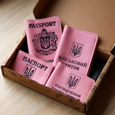 Set of Covers: Military ID, Combatant Certificate, ID Passport and Passport (pink, black embossing)