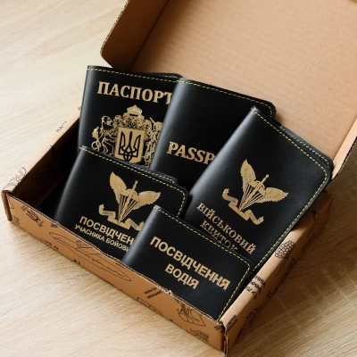 Set of Covers: Military ID, Combatant Certificate, Passport, Passport Inscription, and Driver's License with Air Assault Troops Emblem (black, gold embossing, yellow thread)